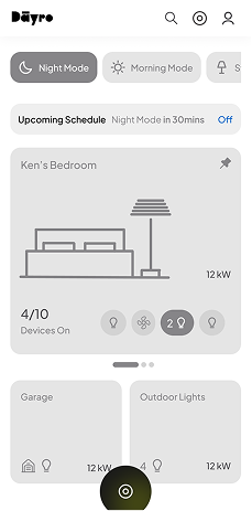 The first wireframe: scenes at the top, an upcoming schedule strip, a pinned room and pinned switches