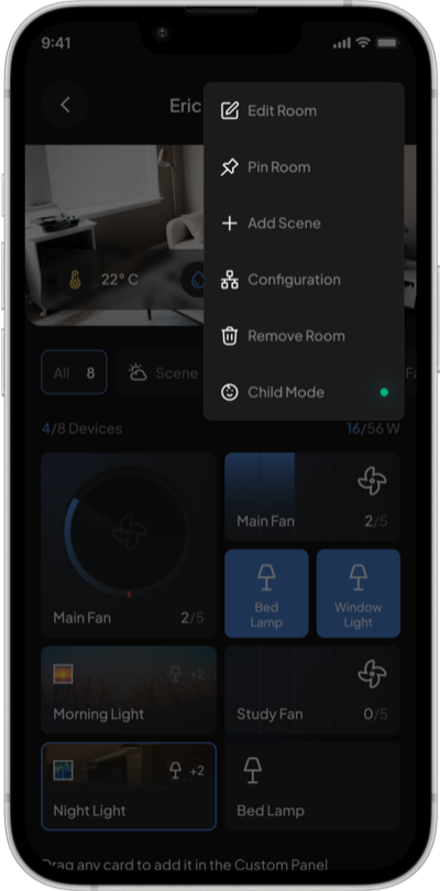 The room menu, with Child Mode switched on