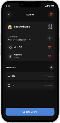 A scene: Back to home, with its conditions and devices
