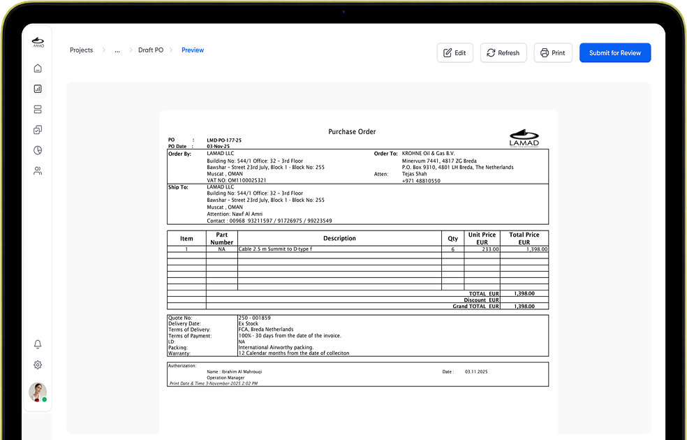 The preview: the purchase order exactly as it will print