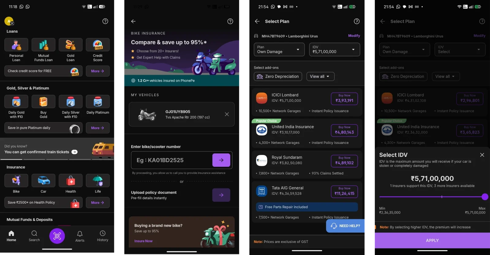 The current PhonePe flow: Home, entering a vehicle number, the plan listing and the Select IDV sheet