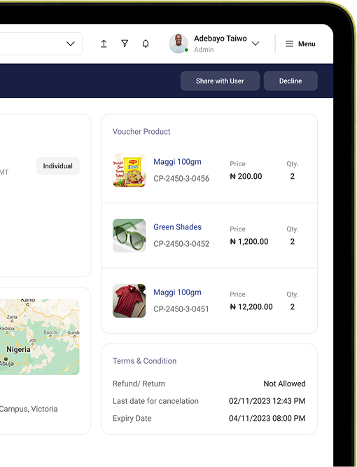 An individual customer's voucher: the products, the terms and the pickup store