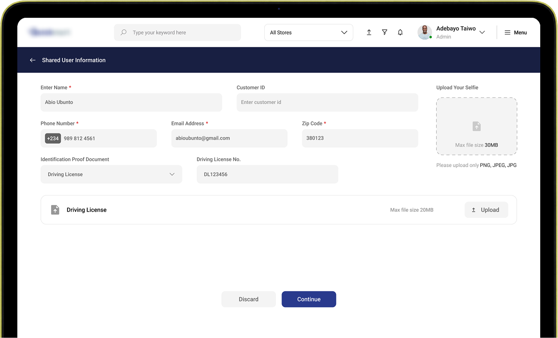 Sharing a voucher: the new person's name, phone, ID document and photo